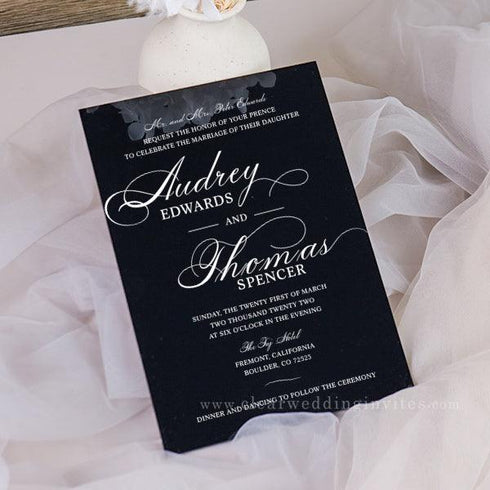 Simple White Calligraphy Black Acrylic Wedding Invitation CWIA90